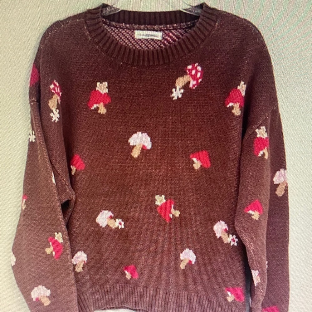 La Hearts Brown Sweater with Mushroom Pattern